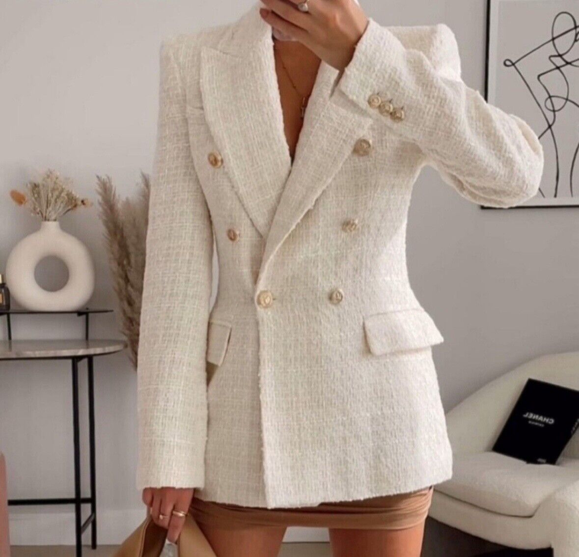 ZARA TEXTURED TWEED DOUBLE-BREASTED BLAZER ECRU SIZE S 7609 ZARA TEXTURED TWEED DOUBLE-BREASTED BLAZER ECRU SIZE S 7609