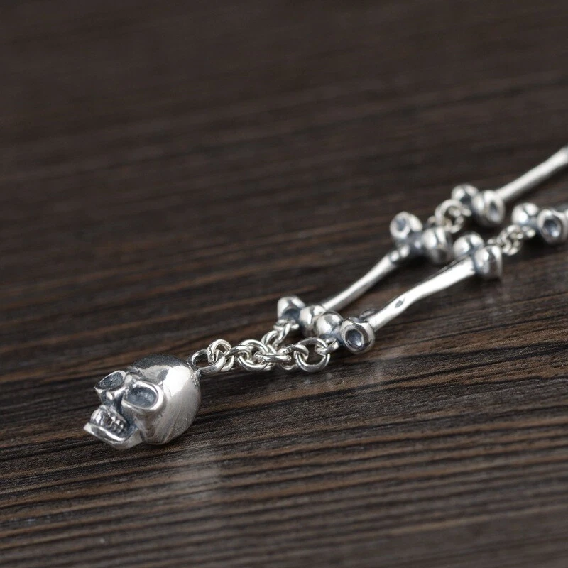 Pesado S925 Plata Esterlina Calavera y Hueso Eslabón Cadena Collar Gótico Punk Motociclista Foto 2 de 4