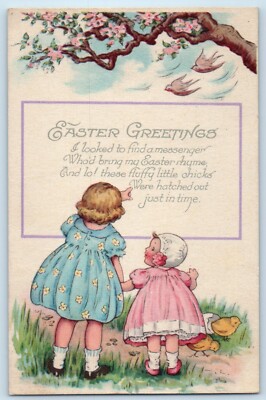 c1910's Easter Greetings Message Children Hatched Egg Chicks Flowers Postcard
