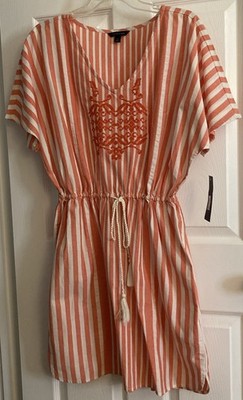 New Tommy Hilfiger Coral Striped Embroidered Cotton Dress Womans L NWT 