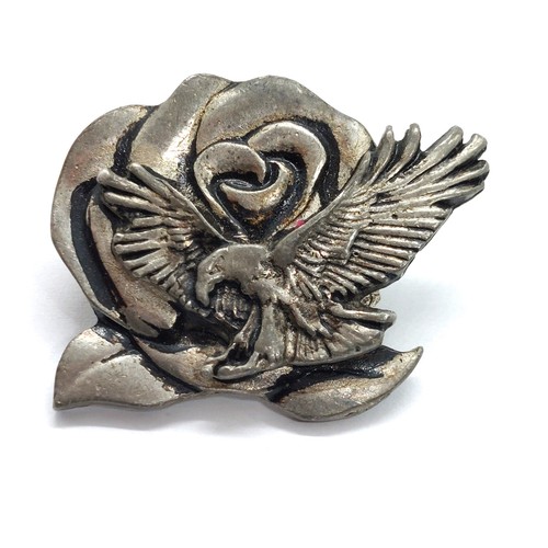 Vintage Pewter Rose Bald Eagle 3D Lapel Pin Patriotic Silvertone Dual Post