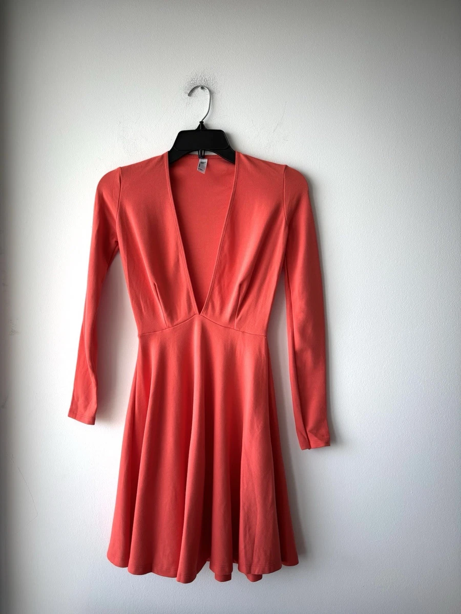 american apparel deep v skater dress American Apparel Pink long sleeve Deep V skater dress elastic waist Small