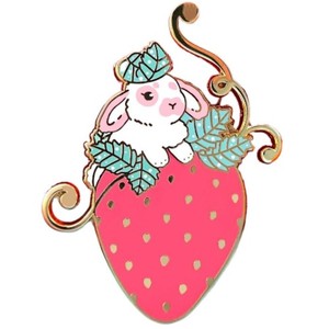 Authentic Strawberry Rabbit Enamel Pin- Gold Plated Brooch- Nature & Animal Jewelry