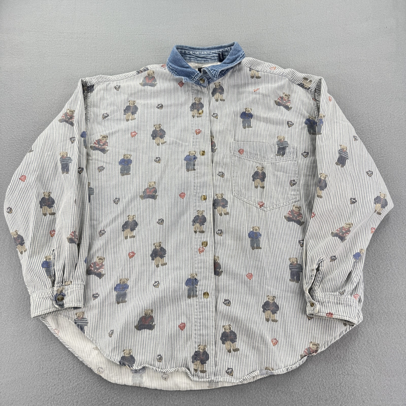 Vintage Quizz New York Shirt Mens 18 Blue Bear Print Button Up Long Sleeve 90s