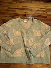 The Children's Place Girls Gray/Pink Butterfly Button V-Neck Cardigan Sweater 16