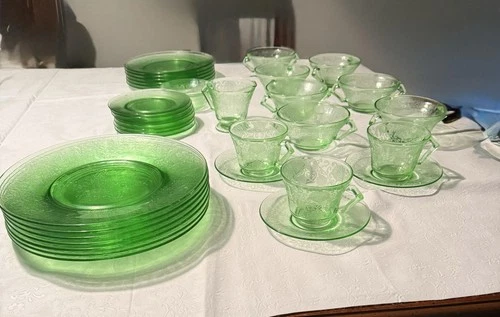 35 pieces FLORENTINE #2 Uranium Hazel Atlas Green Glass Depression