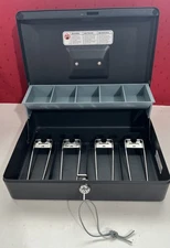 SENTRY SAFE Steel Cash Box With Key 12”x 9”x 3” Grey 4 Compartments + Coin Slots