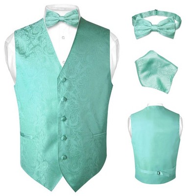 Men's Dress VEST Bow Tie AQUA GREEN Turquoise PAISLEY Design BowTie Hankie Set