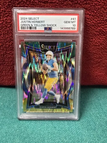 2024 Panini Select Concourse Justin Herbert #41 Green &amp; Yellow Shock PSA 10
