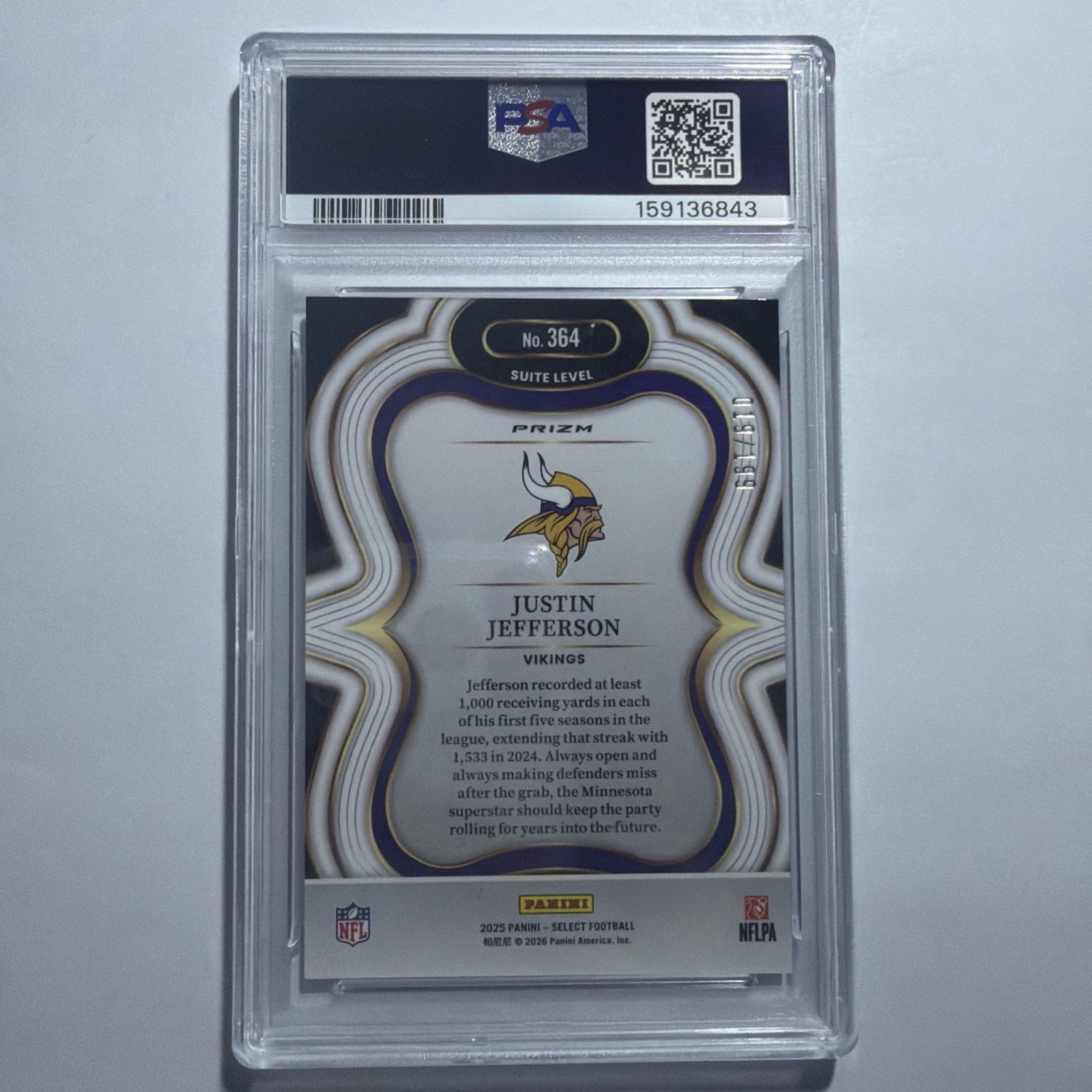 2025 Panini Select Justin Jefferson Suite Level Tri-Color Prizm #/199 PSA 9 view 2