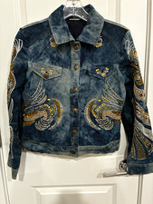 Wearable Art Chico's Limited Edition Gold Embellished Denim Jacket Sequins