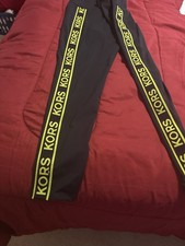 Michael Kors Women's Sz L Black Leggings, NEON YELLOW Letter Logo Down Legs
