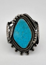 Massive Navajo Sterling Silver Kingman Turquoise Stamped Cuff Bracelet 108.5g