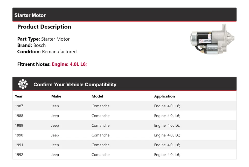 Arranque Bosch para Jeep Comanche 1987-1992 4,0 L L6 (remanufacturado) 1988 1989 Foto 2 de 4