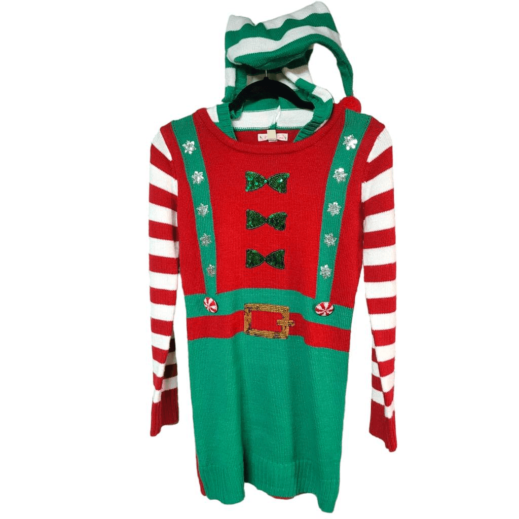 Santa's Little helper pointy hood sweater dress green striped red women's  small | eBay
