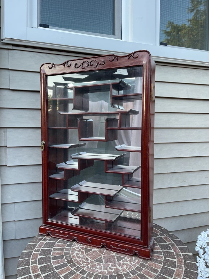 Armario China Vintage Curio Bloqueo Puerta Vidrio Montaje en Pared 18 Estantes Espejo Trasero Foto 2 de 4