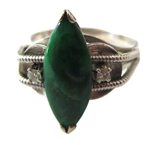 IMPERIAL GREEN JADE And DIAMOND Ring VINTAGE Marquise 14K White GOLD Signed