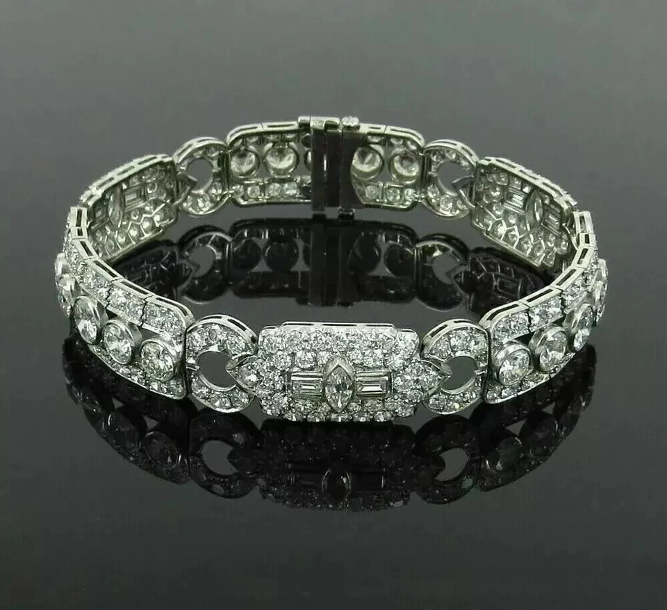 15Ct Art Deco Marquise Cut Lab Created Diamond Bracelet 14K White Gold Plated - Image 2 of 3