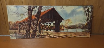 Vintage MCM Deadstock NOS Covered Bridge Modern Wall Plaque Art 10''x25''