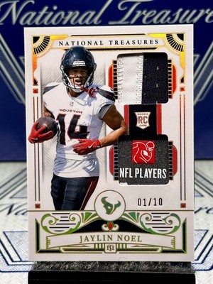 2025 National Treasures Jaylin Noel Rookie Gold Holo Dual-Patch,/10, NFL MEM  