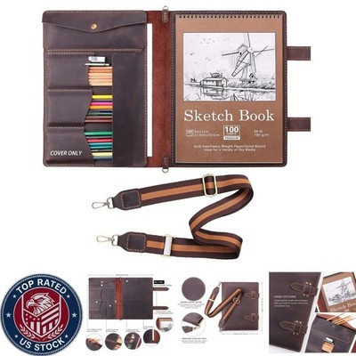 Stylish Leather Artist Sketchbook Cover with Shoulder Strap - Coffee Color