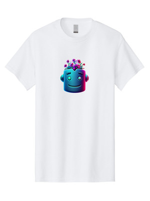 Robot-Head-With-Flowers-3 Mens Graphic Tee, 100% Cotton, Casual Summer Wear