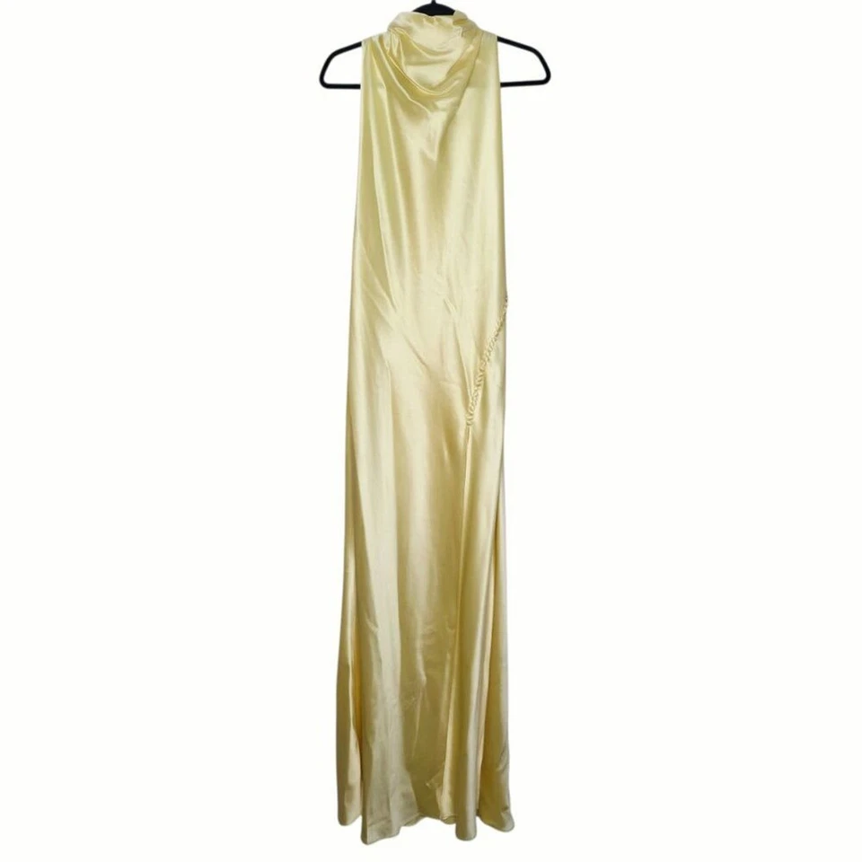 Sau Lee Penelope Satin Maxi Gown Popcorn Yellow Halter Backless Bias Slit Sz 12 - Image 3 of 4