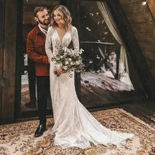 Long Sleeves Boho Wedding Dress Open Back Floral Lace Deep V Neck Bridal Gowns