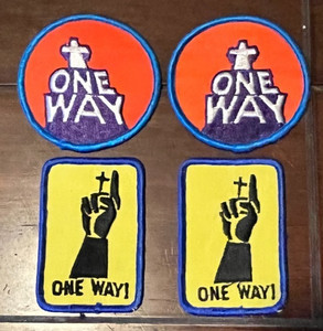4 Vintage 1970's ONE WAY Christian SEW ON PATCHES Cross Yellow Red