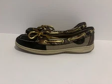 Sperry Leather Shoes Women’s Loafers  Black Slip Ons Gold Laces - Size 8M