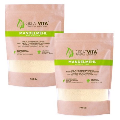 GreatVita 2x1kg Mandelmehl fein gemahlen, aus blanchierten Mandeln naturbelassen