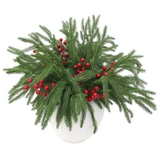60Pcs Artificial Norfolk Pine Branches with Red Berry Stems, 13.2" Faux Everg...