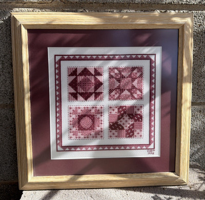 Vintage Handmade Framed Cross Stitch Quilt Pattern Blocks Wall Decor Pinks