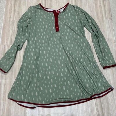 SweetHoney Womens Green Christmas Tree Henley Nightgown Long Sleeve L