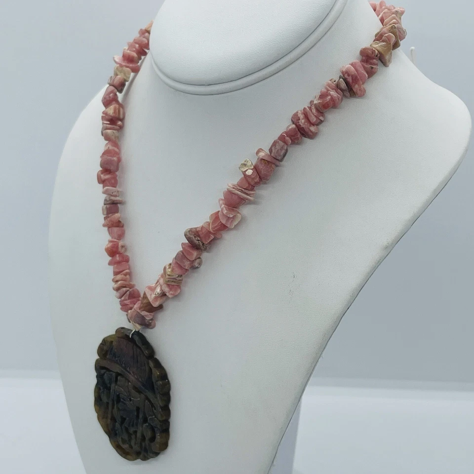 Винтажный китайский родохрозит прядь с резной Russet нефрит подвеска 925 ожерелье - Изображение 4 из 4