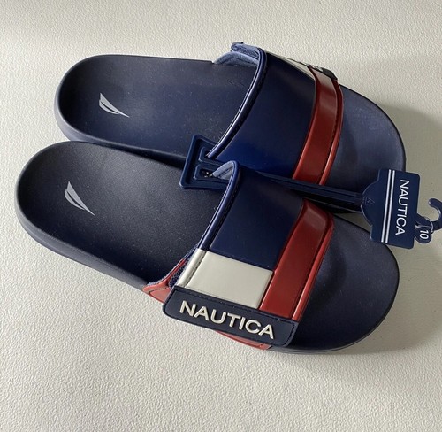 Nautica Bower 2 sandali uomo ciabatte slide taglia 10 blu navy bianco rosso NUOVI - Foto 2 di 4