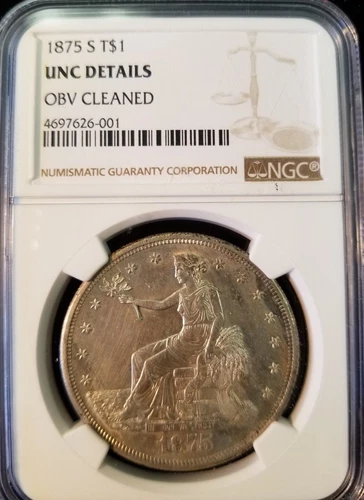 1875 S SEATED LIBERTY SILVER TRADE DOLLAR T$1 NGC UNC D SCARCE COIN HIGH GRADE