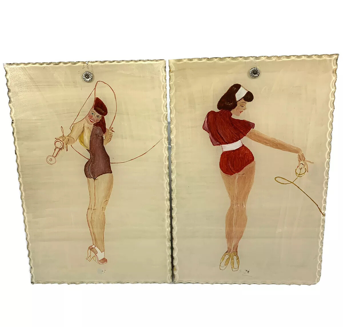 VTG WW2 Era 40s 50s Pin-up Reverse Glass Paintings Chipped