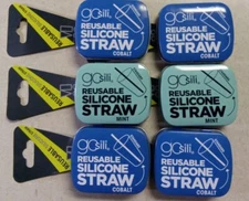 6 Gosili Reusable Silicone Straw COBALT & MINT Travel Size Compact Tin Bundle