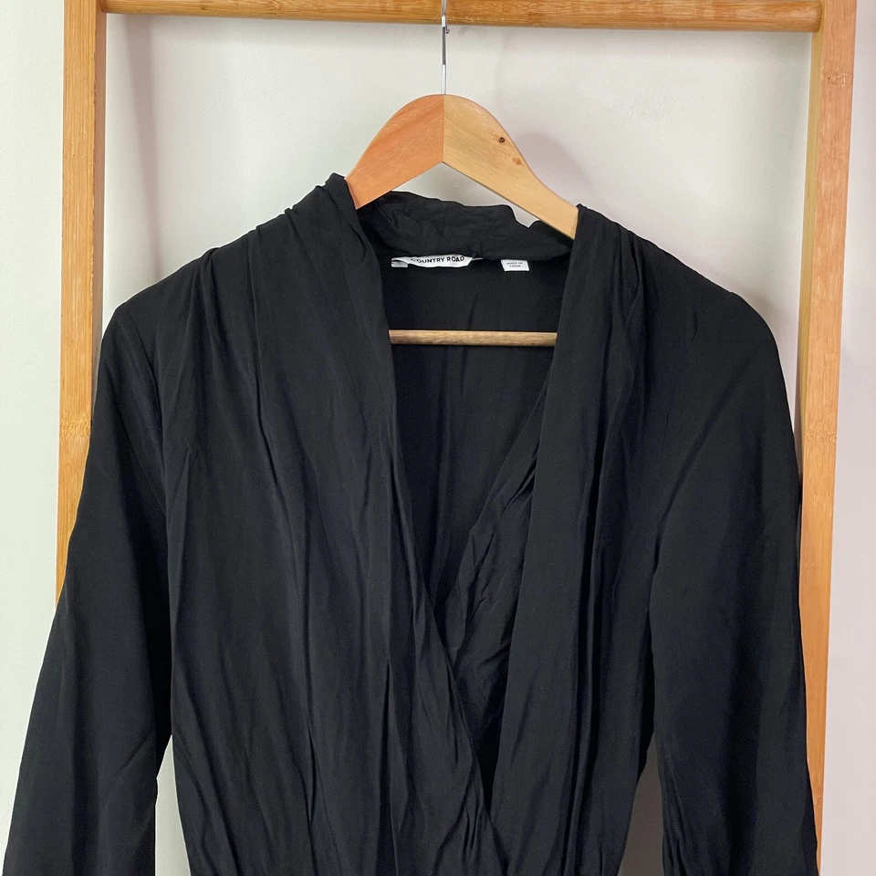 Country Road Wrap Dress Womens 8 Black Long Sleeve Knee Length Tie Side V-Neck - image 4 of 4