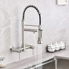 Wall Mount Kitchen Faucet with Pull Down Sprayer, Double Handle 8 Inch Center
