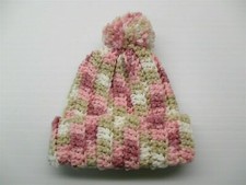 HANDMADE Hat Toddler Girls Winter Foldover Pink/Tan Crochet Pom Pom Beanie