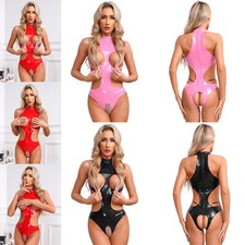 Womens Leotard Bodycon Catsuit Open Crotch Bodysuit Halter Neck Lingerie Shiny