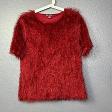 Vince Camuto Top Size Medium Red Fuzzy Textured Holiday Christmas Short Sleeve