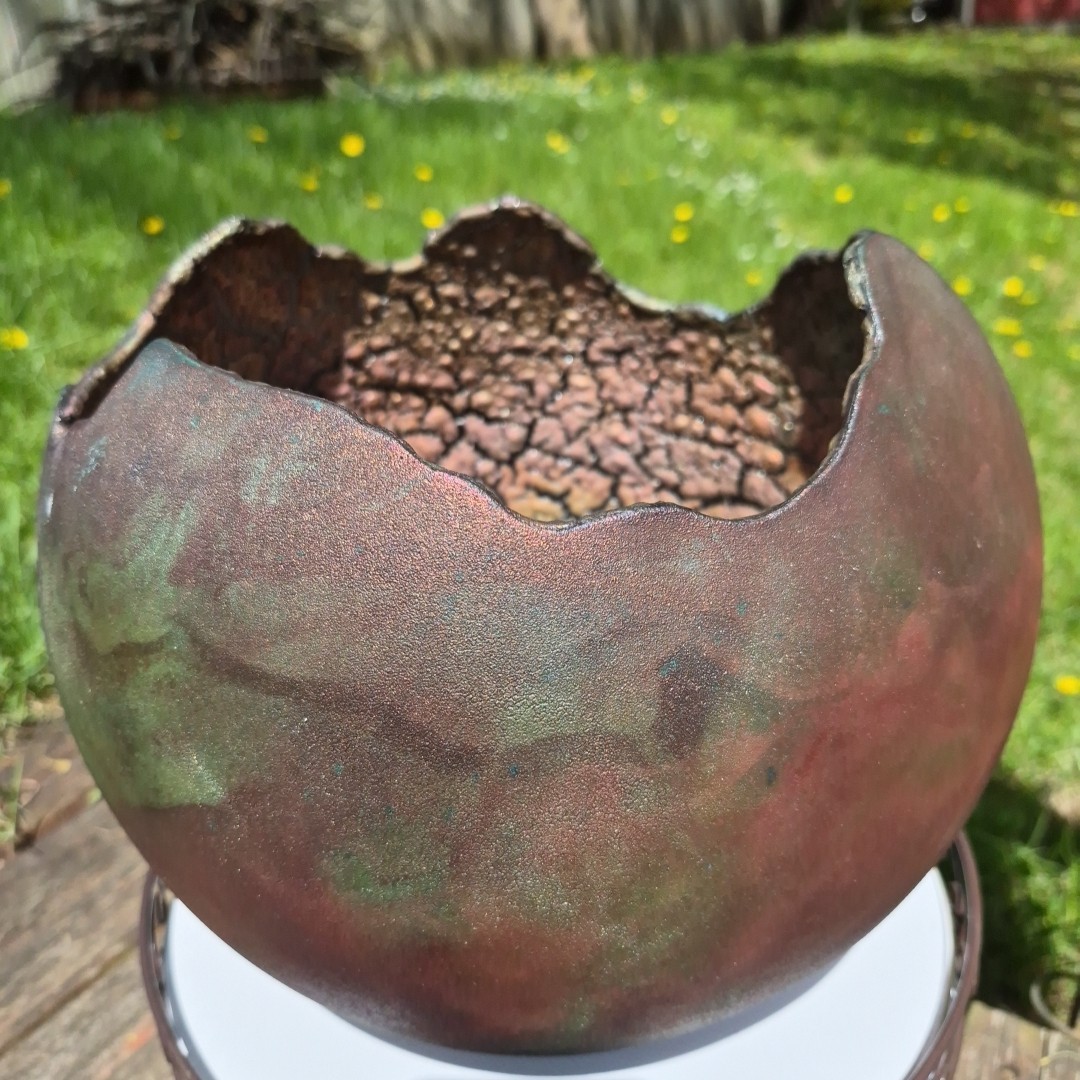 William K Turner Studio Raku Art Pottery Large Cauldron Eggshell Bowl Signed Tag