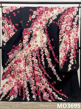 Kimono Long-sleeve Gold Silver Pattern Cherry Blossom Used Authentic silk
