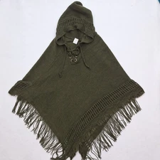 Knit Poncho Womens One Size Green Hooded Fringe Crochet Boho Pullover Cape Shawl