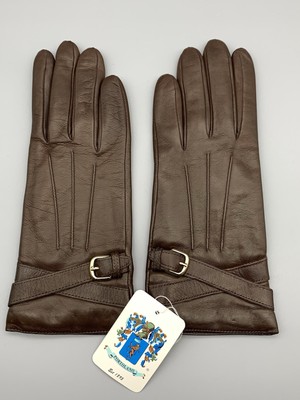 Portolano Napa Leather Gloves Cashmere Lined Crossbelt Brown Size 6.5 Buckle