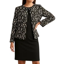 Jones Studio Size 12 2-Piece Skirt Suit w/ Blazer Jacket Black White Ikat Print