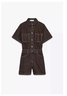 NWT ZARA Z1975 SHORT SLEEVE DENIM JUMPSUIT BROWN XS